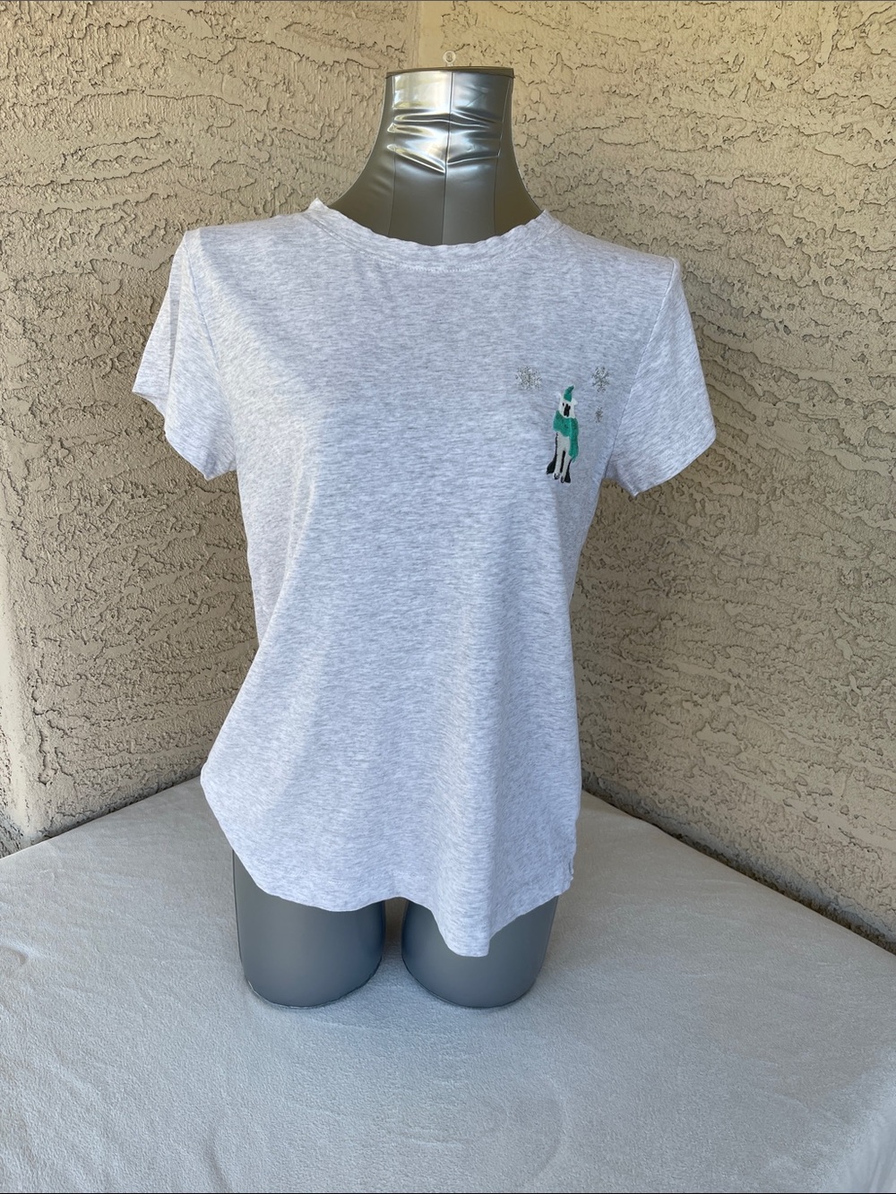 LOFT Light Gray Short Sleeve Tee with Green Embroidery